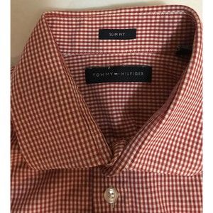 TOMMY HILFIGER 15.5 32/33 Slim Fit Long Sleeve RED Plaid Dress Shirt